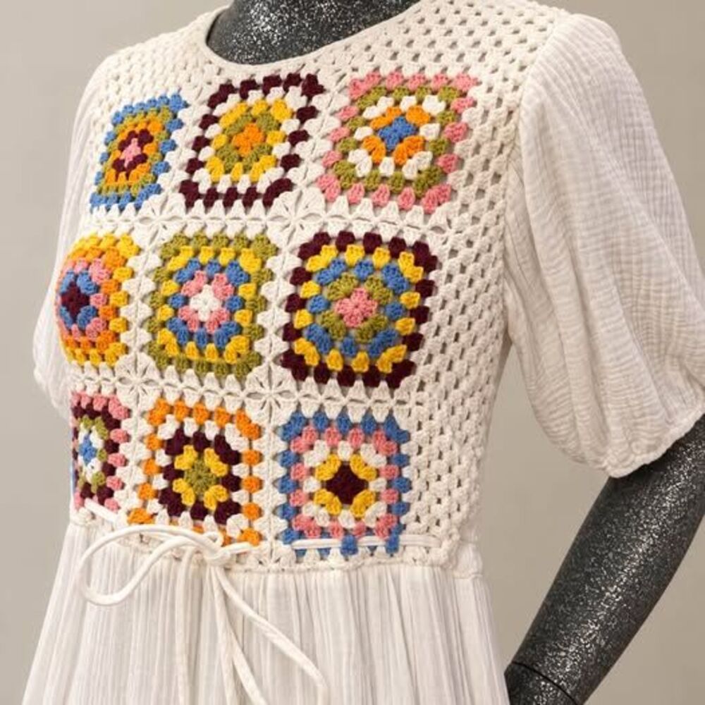 Ghanda Parisian Maxi Dress M White Crochet Granny Square Boho Tiered Cotton